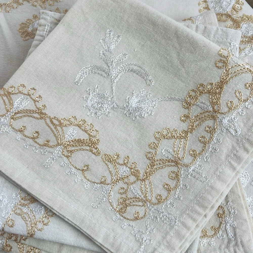 Vintage Aghabani Embroidered Orientalist Cotton Silk Tablecloth + 10 Napkins